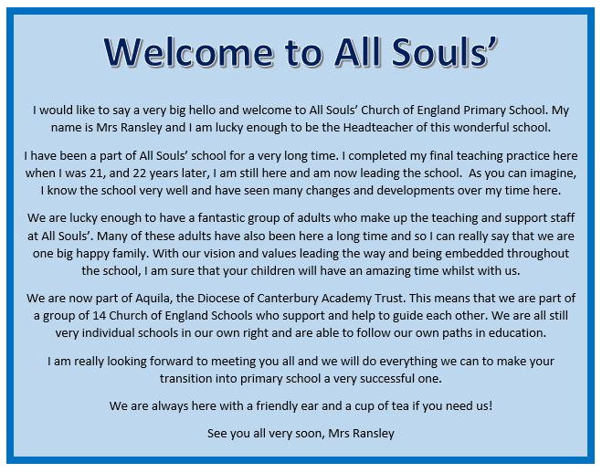 All Souls Church Of England Primary School Year R September 21